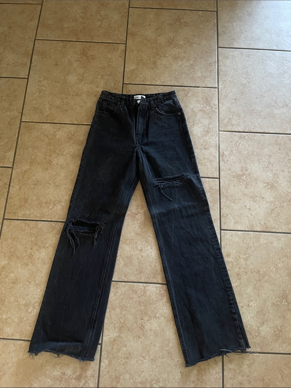 Zara Distressed Black High-Rise Straight Jeans